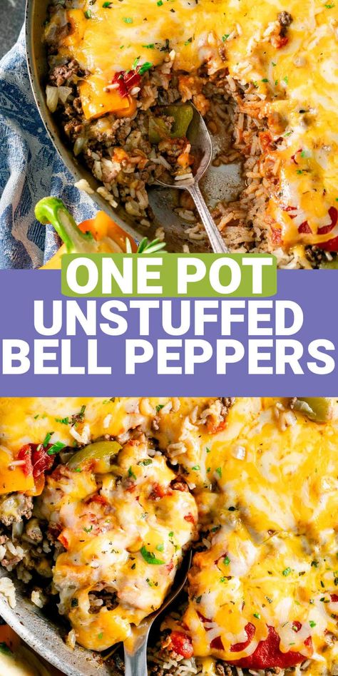 Enjoy all the flavors of classic stuffed peppers in a fraction of the time with this easy Unstuffed Peppers Skillet recipe! Made with lean ground beef (or turkey), bell peppers, onions, Italian seasoning, and long-grain rice, this one-pan dish is simmered in beef broth for a hearty and comforting meal. Topped with tomato sauce and melty cheese, it's a perfect weeknight dinner that's ready in under 30 minutes. This simplified version of a family favorite delivers the same delicious taste ... Ground Turkey Stuffed Pepper Casserole, Unstuffed Bell Peppers Casserole, Turkey Bell Peppers, Unstuffed Pepper Skillet, Unstuffed Pepper Casserole, Stuffed Bell Peppers Ground Beef, Classic Stuffed Peppers, Green Pepper Recipes, Unstuffed Peppers