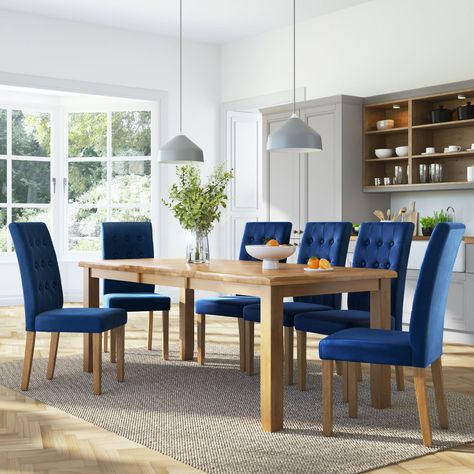 Elegantly simple and hard wearing, the Highbury is a classic dining centrepiece.  It's all in the details, with distinctive soft edges and thick-set legs for stability. And when extra seats are required, it extends smoothly for more room.Pair it with the Regent chairs - modern meets traditional with their timeless button back design. Dining Centerpiece, Oak Extending Dining Table, Blue Velvet Chairs, Velvet Chairs, Faux Leather Sofa, Recliner Corner Sofa, Leather Corner Sofa, Clean Sofa, Traditional Dining