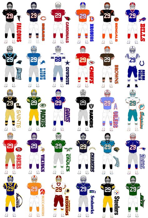 Nfl Uniforms Concepts, Flag Football Uniform Design, Football Uniforms Design, Character Rotation, Sports Den, Nfl Football Logos, Nba Uniforms, Blood Bowl Teams, Nfl Art