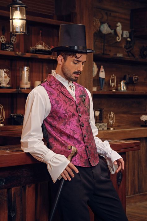 The fabric is elegant because of its distinctive texture and subdued glossy flower motif. The paisley vest is appropriate for a variety of dress-up occasions, including parties, weddings, ceremonies, proms, banquets, dinners, theatre performances, concerts, dancing, cosplay, Halloween, Renaissance and Medieval costumes, and stage performances. #men #vest #halloween #gothic #steampunk #partywear Corset Vest Men, Red Suit Vest, Floral Waistcoat Men, Aristocrat Vest, Luxury Fitted Steampunk Vest, Corset Vest Men Red, Prom Outfits Men, Men Vest, Medieval Costumes