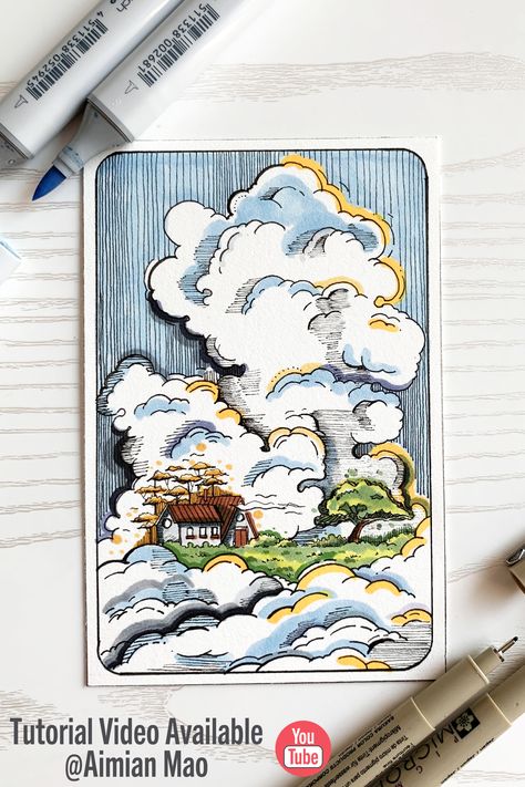 Sky Marker Drawing, Water Markers Drawing, Marker Art Landscapes, Marker Landscape Drawing, How To Draw Water With Markers, Copic Marker Landscape, Alcohol Marker Sketchbook, Landscape Marker Drawing, Alcohol Marker Illustration