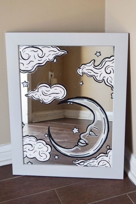 Diy Mirror Painting Ideas, Mirror Art Painted, Mirror Painting Ideas, Painted Mirror Art, Hand Painted Mirrors, The Moon And Stars, Moon Painting, Canvas Painting Designs, Family Decor