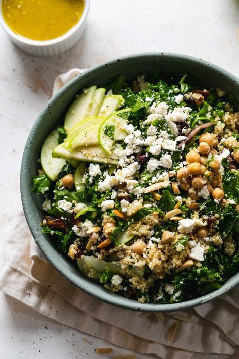 Kale And Date Salad, Apple Chickpea Salad, Kale Date Salad, Make Ahead Kale Salad, Date Salad Recipes, Migraine Meals, Epic Salads, Marinated Kale Salad, Feta Tart