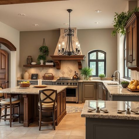 Create a rustic Tuscan olive grove-inspired kitchen with sage green glass-front cabinets and distressed crown molding. #TuscanOliveGrove #ItalianRustic 🫒 Tuscan Inspired Homes, Glass Front Cabinets, Tuscan Inspired, Crown Molding, Traditional Kitchen, Inspired Homes, Green Glass, Sage Green, House Design