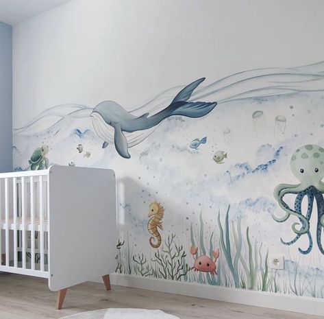 Baby Room Mural Ideas, Ocean Baby Rooms, Sea Nursery Theme, Ocean Themed Nursery, Sea Nursery, Themed Kids Room, Ocean Room, Baby Room Themes, Baby Room Neutral