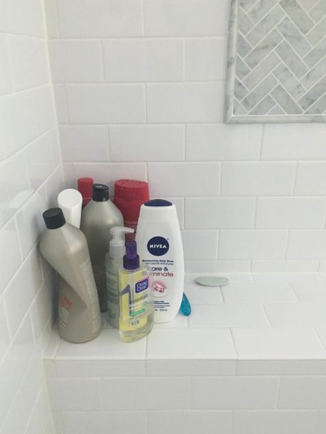 Shower Storage Solutions, Shower Bottles, Hidden Shower, Bathroom Cabinet Colors, Hidden Toilet, Furniture Color Schemes, Bathroom Shower Organization, Bottles Diy, Hiding Ugly