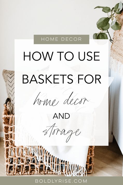 Baskets By Bed, Woven Basket Storage Ideas, Decorative Baskets Ideas Living Room, How To Decorate With Wire Baskets, Baskets In Living Room Decor, Pillow Basket Living Rooms, What To Put In A Decorative Basket, Hallway Basket Ideas, Pillows In Basket Decor