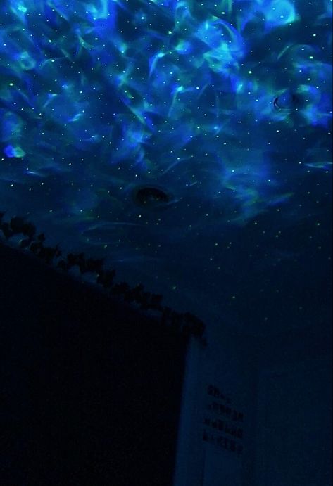 #galaxy #night #bedroom #inspiration #aesthetic #room #decor #blue #light #nightlight Blue Aesthetic Decorations, Cloudy Room Aesthetic, Space Core Room, Sensory Room Aesthetic, Blue Walls Aesthetic, Blue Cozy Aesthetic, Sky Themed Room, Dark Blue Aesthetic Room, Starry Night Room