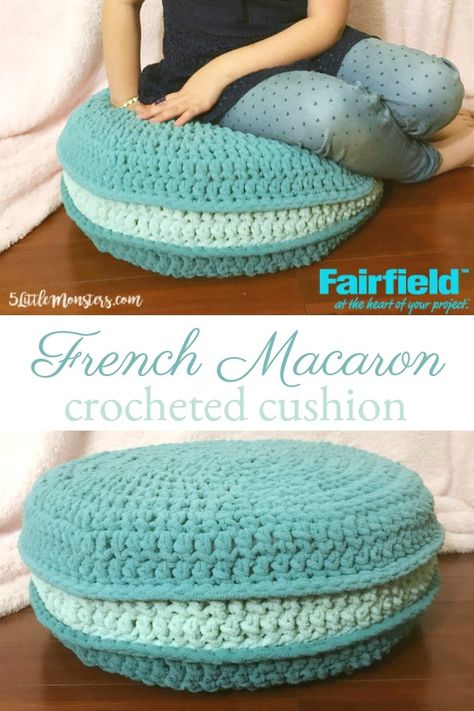 Crocheted Macaron Cushion made with bulky weight yarn and a foam tuffet Macaron Crochet Pattern, Macaron Crochet, Cute Crochet Things, Crochet Macaron, Crochet Cushion Covers, Crochet Pillow Patterns Free, Crochet Cushion Pattern, French Macaron, Crochet Cushion