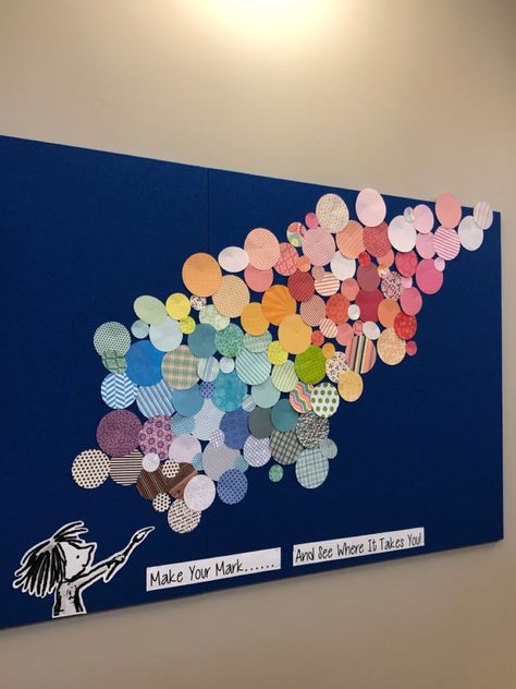 Masterpiece Bulletin Board Ideas, Large School Bulletin Board Ideas, The Dot Book Bulletin Board, Art Bulletin Board Ideas Display, Meet Teacher Bulletin Boards, The Dot Display, Dot Bulletin Board Ideas, Dot Day Bulletin Board Ideas, Grade 6 Bulletin Board Ideas