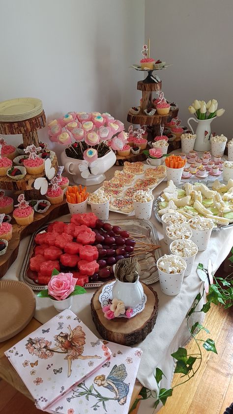 Fairycore Birthday Decorations, Fairy Birthday Food Table, Food Ideas For Fairy Party, Fairy Birthday Tea Party, Fairy Party Dessert Table, Fairy Tale Tea Party Ideas, Fairy Theme Snacks, Fairy Garden Party Food Ideas, Fairy Party Menu Ideas