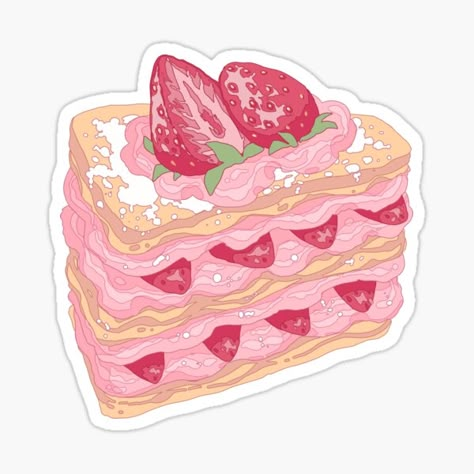 Pink Strawberry Cake, Cake Sticker, Strawberry Cupcake, Sticker Design Inspiration, Food Anime, Cute Laptop Stickers, Pink Strawberry, Food Stickers, Drawing Style