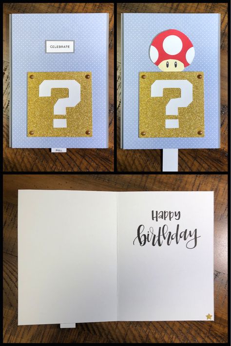 Inspired by Jennifer McGuire’s YouTube video “Unique Interactive Cards: Double Slider & Kiss Cards”. #cards #diy #handmade #homemade #interactivecards #slidercards #jennifermcguire #mario Mario Cards Diy, Mario Birthday Cards Diy, Mario Birthday Card, Cardmaking Techniques, 64th Birthday, Jennifer Mcguire Ink, Character Cards, Mario Birthday Party, Movie Birthday