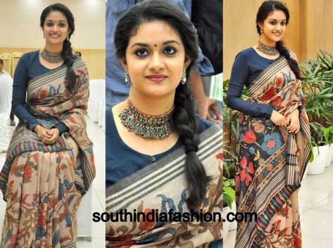 keerthi suresh kalamkari saree Sleeves Blouse Designs, Full Sleeves Blouse Designs, Full Sleeves Blouse, Indian Blouse Designs, Kalamkari Blouse, Slides Outfit, Cotton Saree Blouse Designs, Saree Blouses Designs, Saree Blouse Neck Designs