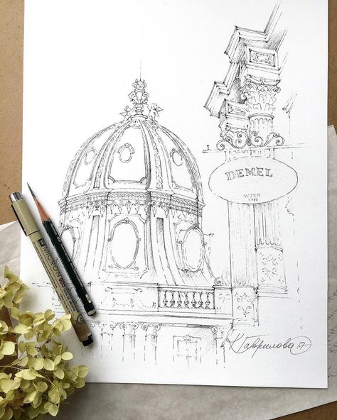 Sketch by Гаврилова Кристина @xtina_gavrilova_art  в Instagram: «St Michael's Gate Dome, Vienna, Austria 💚 #aquarell #art #painting #watercolor #watercolour #sketch  #paint  #drawing #sketching #sketchbook #travelbook #archisketchery #sketchaday #sketchwalker #sketchcollector  #traveldiary #topcreator #usk  #urbansketch #urbansketchers #скетчбук #скетч #скетчинг #pleinair #aquarelle #watercolorsketch #usk #architecture #painting #illustration Watercolors Drawings, Fountain Pen Drawing, Art Painting Watercolor, Building Sketch, Paint Drawing, Building Drawing, Saint Petersburg Russia, Drawing Sketching, Sketch A Day