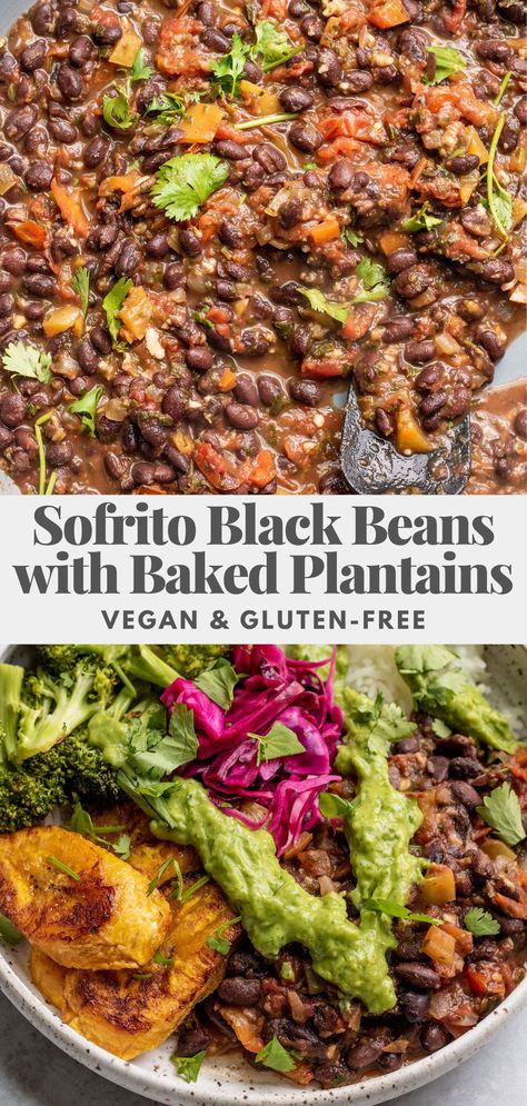 Easy sofrito black beans using fresh homemade sofrito ingredients. Served with baked sweet plantains for a nourishing and easy to make weeknight dinner. Homemade Sofrito, Baked Plantains, Sweet Plantains, Indian Vegetarian Recipes, Plantain Recipes, Vegan Dinner Recipes, Bean Recipes, Vegan Recipes Healthy, Quesadillas