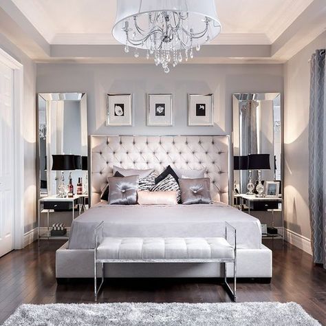 A bedroom acts as your personal sanctuary. Therefore, when it comes to design, you should give it all the elegance it needs. With a few tips and hacks, you can... Glam Modern Bedroom, Modern Bedroom Sets, Glam Bedroom Ideas, Design Ložnic, Silver Bedroom, Glamourous Bedroom, Beautiful Bedroom Decor, Glam Bedroom, Black And White Decor