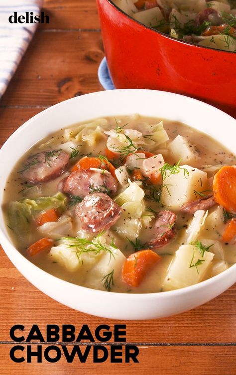 Cabbage Chowder Is The Only Way To Survive WinterDelish Cabbage Chowder, Cabbage Potato Soup, Kielbasa And Cabbage, Cauliflower Chowder, Sausage Soup Recipes, Cabbage And Potatoes, Cabbage And Sausage, Chowder Recipe, Sausage Soup