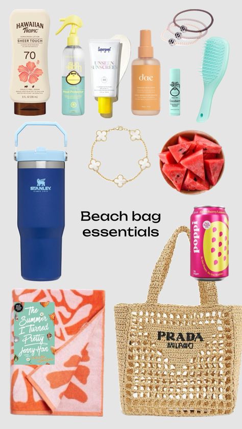 beach bag essentials! 🌞 #preppy #beach #viral Preppy Beach Bag, Beach Bag Essentials, Heat Protector, Preppy Beach, Jenny Han, Hawaiian Tropic, Bag Essentials, Sunscreen Lotion, Beach Bag