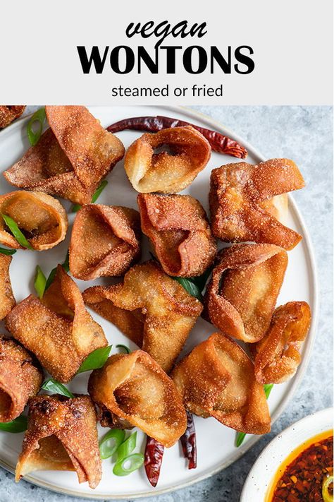 These delicious vegan wontons are stuffed with a flavorful meaty filling and make a delicious appetizer or snack! Shaping the dumplings is easy to do, and you can either deep fry the dumplings or cook via a pan fry and steam method. They're so good either way! #vegandumplings #wontons #dumplings #veganchinese #tvp #vegansnack #veganappetizer Vegan Wontons, Vegan Ground Meat, Vegan Wonton, Homemade Wontons, Chickpea Vegan, Vegan Dumplings, Wonton Recipes, Pan Fry, Deep Fry