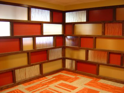 Colored Plexiglass, Accent Wall Panels, Glass Room Divider, Glass Room, Wood Accent Wall, Wood Accent, Coloured Glass, Room Dividers, Stair Railing