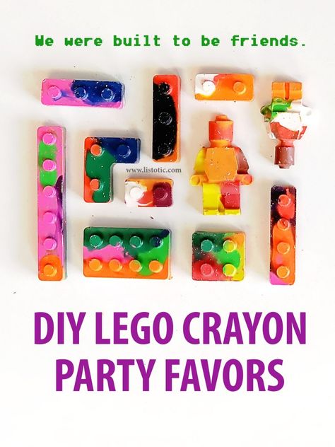 Easy and fun way to reuse old broken crayons for a lego party favor. #savemoney #legocrayon #partyfavors Lego Crayons Diy, Recycling Crayons Diy, Letter Crayons Diy, Upcycle Crayons, Lego Party Favor, Lego Crayons, Lego Party Favors, Crayon Molds, Lego Theme