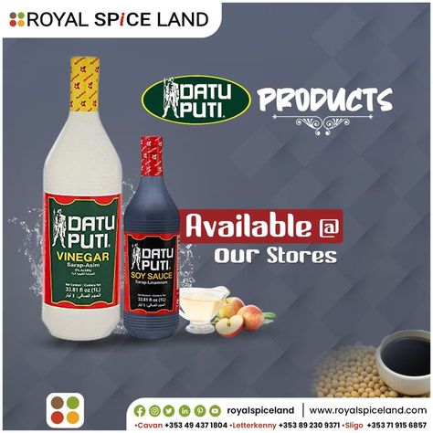 Let the taste of Filipino cuisines reach your kitchen with Datu Puti Products Now available at Royal Spice Land stores #royalspiceland #groceryshop #groceryshopping #datuputi #datuputivinegar #datuputisoysauce #letterkenny #cavan #sligo #ireland Datu Puti, Sligo Ireland, Grocery Shop, The Taste, Plastic Water Bottle, Vinegar, Drinks