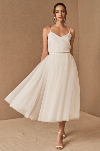 20 Short Wedding Dresses & Gowns Minimal Clothes, Wedding Dress Separates, Courthouse Wedding Dress, Rehearsal Dinner Outfits, Midi Wedding Dress, Modest Bridal, Two Piece Wedding Dress, Bridal Skirts, Anthropologie Wedding