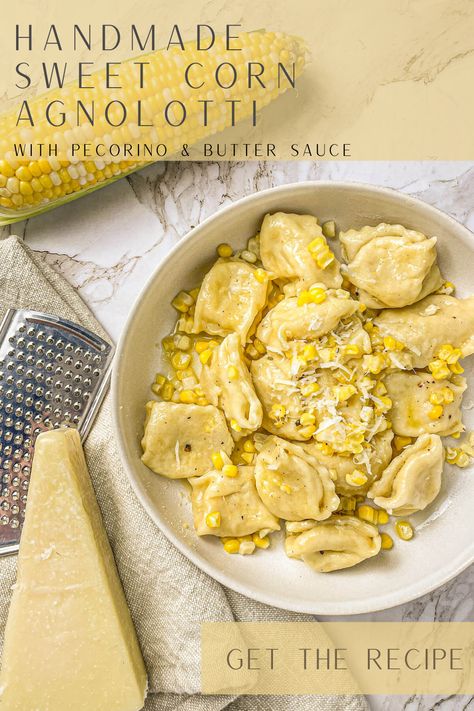 Looking for something new to do with all that fresh corn in the summer? Try this Handmade Sweet Corn Agnolotti Recipe. It's the classic combination of Sweet corn and butter stuffed into freshly made pasta. What could be better than that? Get the step-by-step instructions to make perfect agnolotti every time! #PastaMaster #Agnolotti #FreshPasta #CornRecipeIdeas #WeekendDinnerIdeas #ItalianFood #PastaFromScratch #HomemadePasta #PastaByHand Corn Agnolotti, Kitchenaid Pasta, Filled Pasta, Weekend Dinner, Pasta Dough, Fresh Pasta, Fresh Corn, Homemade Pasta, Butter Sauce