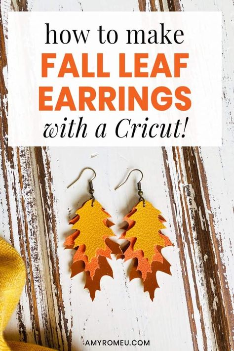 Learn how to make these DIY Fall Leaves Faux Leather Cricut Earrings. Tutorial and SVG cut file at amyromeu.com Sellable Fall Crafts, Sellable Cricut Crafts, Thanksgiving Cricut Earrings, Fall Leather Earrings Ideas, Silhouette Machine Projects, Making Earrings With Cricut, Fall Leaf Earrings, Diy Leather Earrings Ideas, Fall Leather Earrings