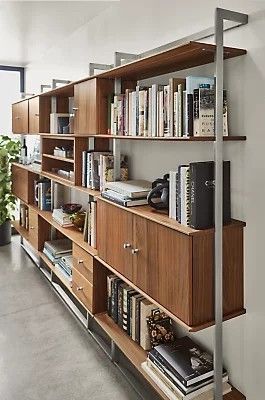 Home Library Ideas, Mid Century Wall Unit, Modern Storage Furniture, Modern Bookcases, Bookcase Wall Unit, Entryway Inspiration, Bookcase Wall, Modern Bookcase, Wall Units