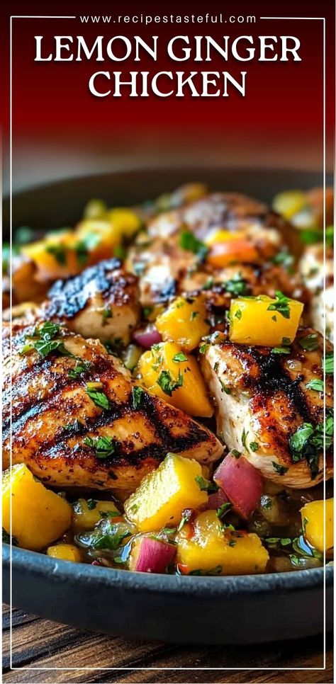 This Lemon Ginger Chicken with Pineapple Mango Salsa dish is bursting with fresh, zesty, and tropical flavors! Juicy chicken bites coated in a lemon-ginger glaze, served over creamy coconut rice, topped with a vibrant pineapple mango salsa, and finished with a drizzle of spicy mayo. It’s the perfect blend of sweet, tangy, and spicy, creating a fresh and vibrant meal that's sure to satisfy. Lemon Ginger Chicken With Mango Pineapple Salsa, Lemon Ginger Chicken With Pineapple Salsa, Lemon Ginger Chicken With Pineapple Mango, Pineapple Mango Salsa Chicken, Lemon Ginger Chicken With Mango Salsa, Spicy Lemon Chicken, Coconut Aminos Chicken Marinade, Ginger Food Recipes, Lemon Ginger Chicken With Pineapple Mango Salsa