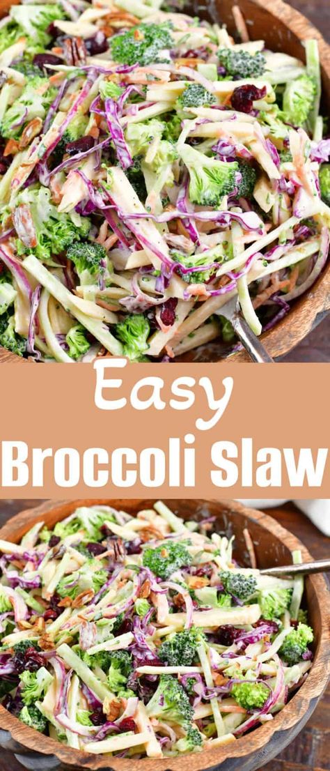 Homemade Broccoli Slaw is vibrantly colored and equally as bright in flavor! Fresh, crisp vegetables are tossed with a perfect balance of sweet and crunchy ingredients like dried berries, apples, and nuts. To make it even better, the slaw features in an easy to make slaw dressing that's creamy, sweet, and tangy. Broccoli Slaw Dressing, Broccoli Cole Slaw, Creamy Slaw, Broccoli Slaw Salad, Broccoli Slaw Recipes, Slaw Salad, Picnic Side Dishes, Slaw Dressing, Easy Broccoli