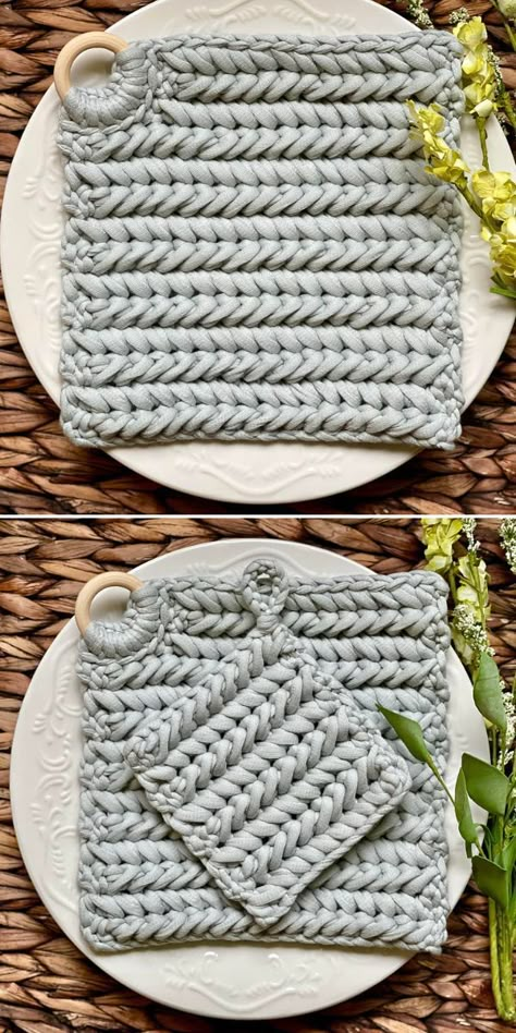 Use the unique qualities of bulky fabric yarn to your advantage and make one-of-a-kind stylish trivets. As you can see below, simple design by Dana features lovely herringbone stitch. Wooden ring detail not only looks great, but is very useful - you can hang it when it's not needed. #fabriccrochet #fabricyarn #freecrochetpattern #crochetwithfabric #crochettrivet Crochet Trivet Free Pattern, Trivet Crochet Pattern, Free Hobbies, Crochet Trivet, Bulky Yarn Patterns, Selfie Filters, Crochet Pot Holders Free Pattern, Crochet Potholder Patterns, Fabric Crochet