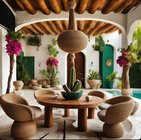 Modern Mexican Hacienda, Mexican Dining Room, Modern Mexican Home Decor, Modern Mexican Home, Log Home Interior, Mexican Interior Design, Mexican Interiors, Tropical Interior Design, Mexican Hacienda