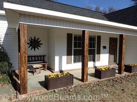 Porch posts covered with faux wood beams. Porch Post Ideas, Porch Beams, Timber Frame Pergola, Porch Kits, Porch Wood, Porch Remodel, Building A Porch, Porch Columns, Porch Posts