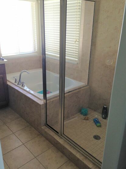 Master Bath Refresh, Shower Next To Tub, Outdated Bathroom Makeover, Shower Makeover, Outdated Bathroom, Master Tub, Tub To Shower Remodel, Tub Remodel, Small Bathroom With Shower