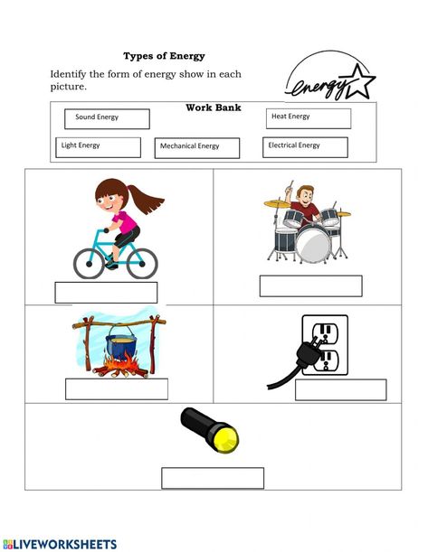 Types of Energy - Interactive worksheet Forms Of Energy Activities 1st Grade, Types Of Energy Worksheet, Forms Of Energy Worksheet, Forms Of Energy Activities, Energy Worksheets, Cooperative Learning Groups, Energy Pictures, Forms Of Energy, Types Of Energy