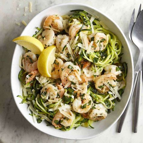 Classic garlicky shrimp scampi gets a low-carb makeover in this easy dinner recipe. Zucchini noodles, also known as "zoodles," are a healthier alternative to traditional pasta--they mimic the texture of pasta while taking on the flavor of whatever sauce you serve them with. Make sure you salt and drain the zoodles, otherwise your final dish will be soupy and the flavor will be diluted. Shrimp And Zucchini Noodles, Shrimp Scampi Zoodles, Shrimp And Zucchini, Zoodle Recipes, Breakfast Low Carb, Low Carb Meal Plan, Dash Diet, Shrimp Scampi, Zucchini Noodles