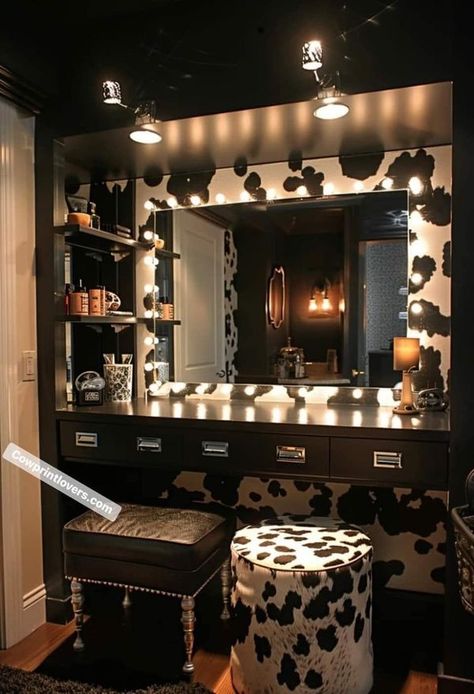 Cow & Western | A cow print vanity 🖤🤍🖤🪞💄 | Facebook Western Make Up Vanity, Western Theme House Ideas, Western Makeup Vanity Ideas, Cute Country Bedroom Ideas, Western Makeup Vanity, Cow Print Room Decor Aesthetic, Cowgirl Vanity, Cowprint Bedroom, Western Vanity Ideas