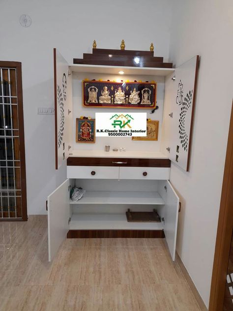 Pooja Cabinet Ideas Indian, Pooja Cupboard Ideas Indian, Pooja Cupboard, Pooja Shelf, Pooja Stand, Tulasi Plant, Pooja Unit, Kitchen Design Showrooms, Puja Mandir