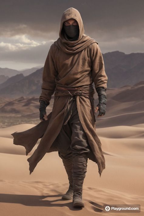 Black Desert Online Character Creation, Desert Outfit Aesthetic, Fantasy Desert Clothing, Fremen Dune, Desert Attire, Desert Assassin, Desert Clothes, Dessert Outfit, Apocalypse Vibes