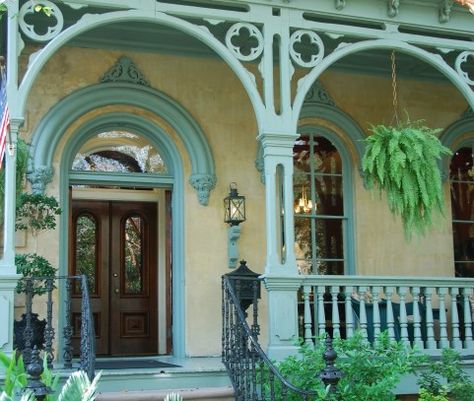 Haint Blue: the Light Blue with a Dark History | OrangeBean Indiana Victorian Porch Trim, Victorian Gingerbread Trim, Victorian Front Porch, Porch Architecture, Porch Trim, Savannah Style, Gingerbread Trim, Victorian Porch, Palmer House