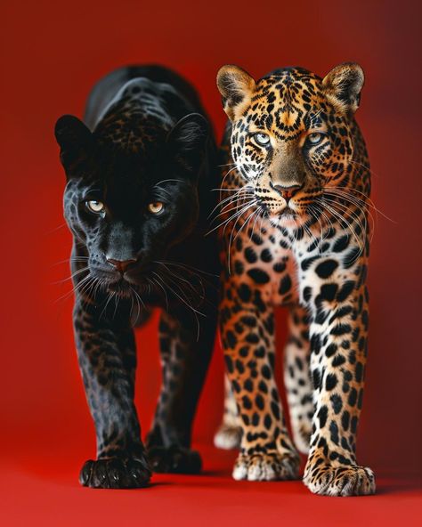 Unlikely companions: a panther and a leopard, sharing a moment in the spotlight. Cheetah And Panther, Panther Photoshoot, Black Panther And Leopard, Leopard Desktop Wallpaper, Panther And Jaguar, Leopard Photoshoot, Leopard And Panther, Panther Aesthetic, Leopard Photography