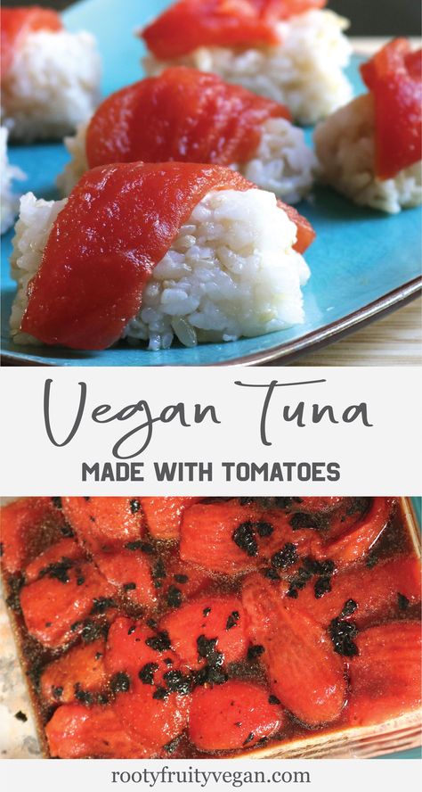 No Fish Sushi Recipes, Tomato Recipes Vegan, Fruititarian Recipes, Vegan Sushi Ideas, Tomato Vegan Recipes, Sushi Recipes Vegan, Vegan Seafood Recipes, Vegan Sushi Bake, Vegan Sushi Recipe