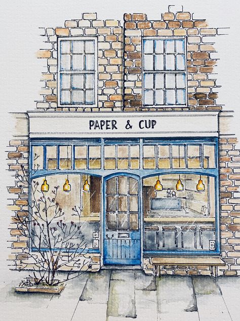 Building Illustration Watercolor, Watercolor Sketch Architecture, Urban Sketching Cafe, Book Store Sketch, Watercolour Buildings Paintings, Cafe Sketch Drawing, Storefront Sketch, Urban Watercolor Sketching, Cafe Shop Drawing