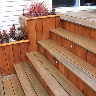 Patio Cedar Deck With Planters Design, Pictures, Remodel, Decor and Ideas - page 15 Porch Steps With Planters, Deck Stairs With Planters, Steps With Planters, Deck With Planters, Backyard Planter, Patio Step, Cedar Patio, Planters Patio, Patio Stairs