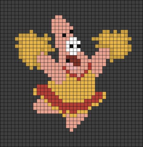 A pixel art template of Patrick Star as a cheerleader.

Originally by Brick, though I've made changes. Easy Pixel Art, Pixel Art Templates, Pixel Drawing, Diy Perler Bead Crafts, Pixel Crochet, Pix Art, Pixel Art Grid, Graph Paper Art, Crochet Animals Free Patterns