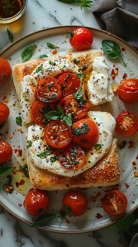 Burrata caprese focaccia bread with cherry tomato confit Cherry Tomato Confit, Burrata Caprese, Tomato Confit, Focaccia Bread, Drink Photo, Cherry Tomato, Cherry Tomatoes, You Never, Pizza