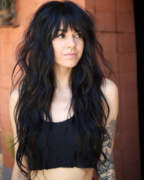 Shag Haircut With Extensions, Long Black Shag Haircut, Long Emo Hair Choppy Layers, Long Hair Shaggy Bangs, Beach Hair With Bangs, Shag Extensions, Dark Edgy Hair, Edgy Hair With Bangs, Bangs With Shag